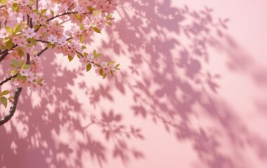 Obraz premium A blurred background with light pink tones and shadows of tree leaves and flowers on a wall