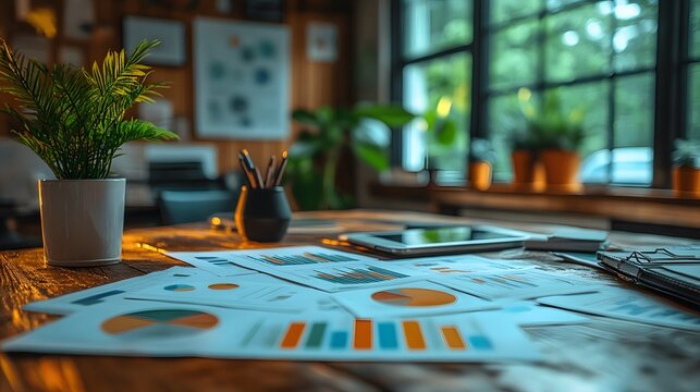 A collaborative business setting with advertising charts and marketing plans on a desk