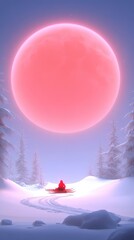 Fototapeta premium Snowy path and sled beneath a large, glowing red moon in a winter forest scene