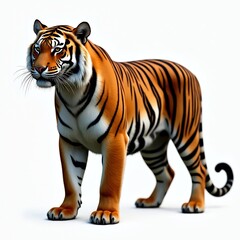 Fototapeta premium Sumatran tiger portrait isolated on white background. Majestic predator features distinctive black stripes on orange fur. Illustration shows powerful mammal of Asian jungles, wilderness, safari