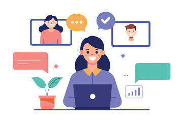 Smiling Woman Using Laptop with Chat Bubbles, Video Call Friends, White Background