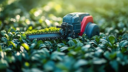 Toy lawnmower cutting grass among lush green leaves in a sunny garden setting