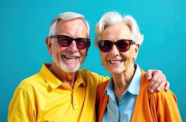 Smiling senior couple in colorful clothing and sunglasses against blue background.