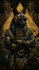 Anubis in Modern: An illustration depicts Anubis, the ancient Egyptian god, wearing sunglasses with his arms crossed in front of golden background.