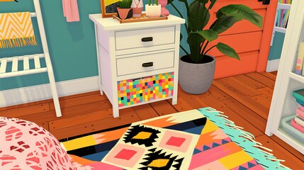 A colorful room with furniture and decorative elements