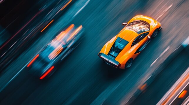 A -eye view of a high-speed car chase scene in a professional race,