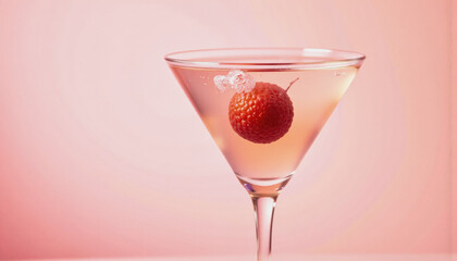 Modern food photo advertisement: A vibrant raspberry drops into a pale pink cocktail served in a classic martini glass against a matching pink backdrop.
