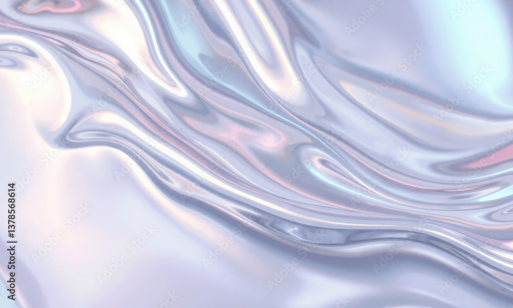Poster smooth, flowing holographic wave background with iridescent colors reflecting light, creating serene