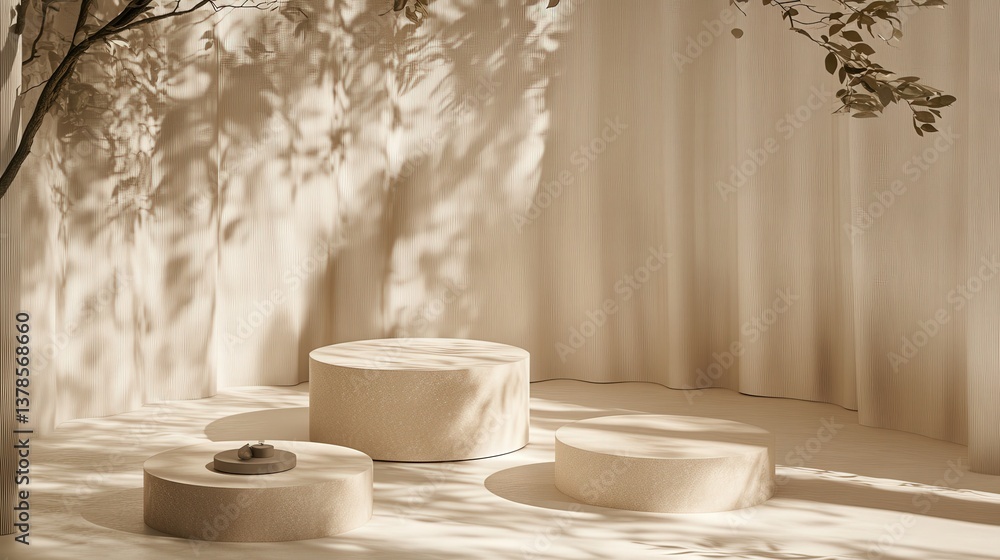 Poster beige stage adorned with circular podiums and dappled tree leaf shadows, creating a minimal and natu