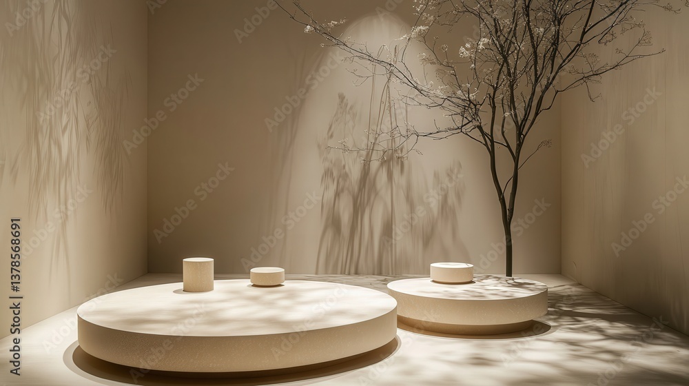 Poster beige stage adorned with circular podiums and dappled tree leaf shadows, creating a minimal and natu