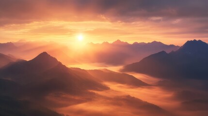 Fototapeta premium A breathtaking sea of mist covering mountain peaks at sunrise, with warm golden light illuminating the sky,