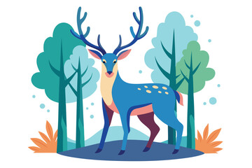 Stylized Blue Deer with Antlers Standing in Teal Green Forest with Transparent BG
