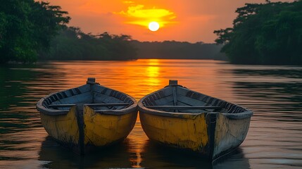 Fototapeta premium Traditional wooden boats on the Essequibo River at sunset with Guyanese flags