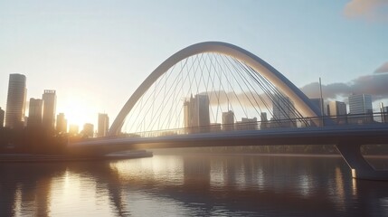 Naklejka premium modern bridge with gracefully arched steel cables, standing as a symbol of innovation and strength over a bustling city river.