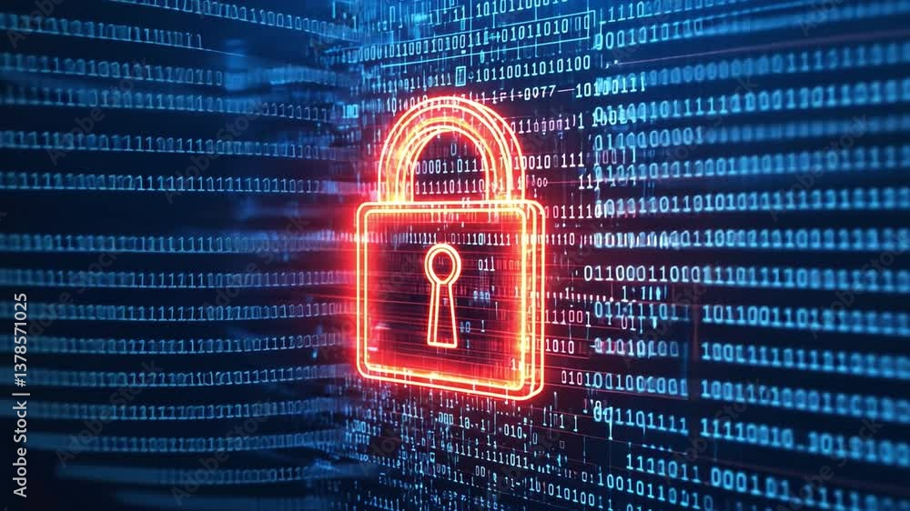 Poster digital fortress: a glowing padlock, the ultimate symbol of data protection, superimposed on a dynam