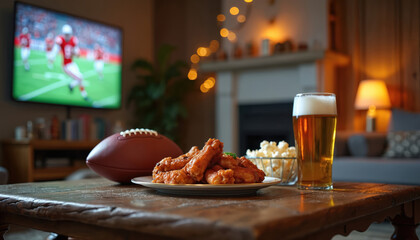 Super Bowl game night scene. Football, plate chicken wings, popcorn, glass beer on wooden table. Cozy living room with television, fireplace. Evening with friends. Comfort, relaxation, celebration,