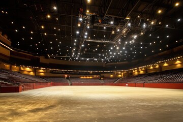 Empty illuminated arena with high ceiling and rows of seats. AI generated illustration.