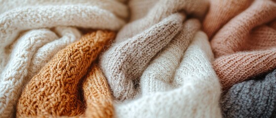 Soft, cozy, and textured knitted fabrics in warm tones of cream, beige, orange, and gray create comforting atmosphere. These eco conscious textiles are perfect for sustainable fashion