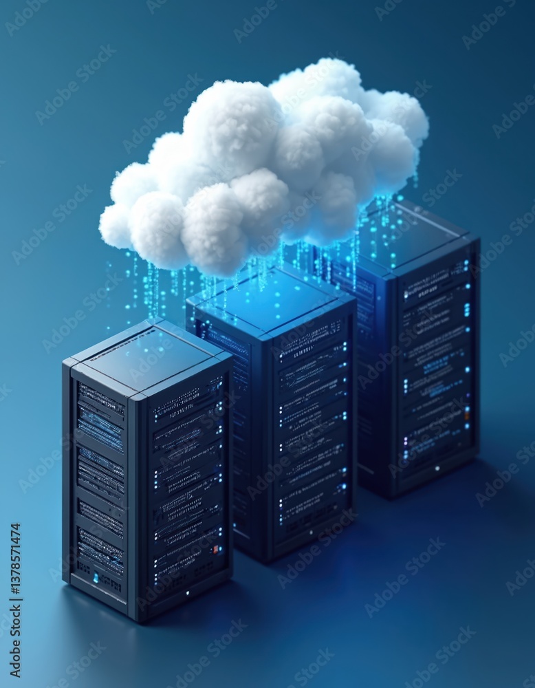 Poster 3d isometric illustration server cloud, data center on blue background. cloud computing technology c