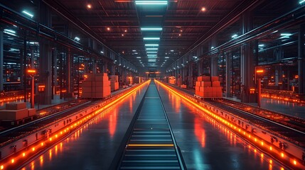 A highly automated logistics hub with glowing conveyor belts and moving cargo