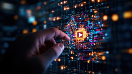 User Interacting with Digital Video Content Through Touching a Glowing Play Button on a Complex Circuit Board Displaying Technological Innovation