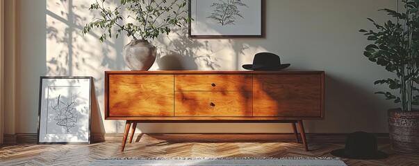 Mid-century modern sideboard with decor in a bright sunlight-filled room
