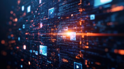 Abstract digital artwork showcasing a luminous wall of data streams, vibrant code, and video thumbnails in blue and orange with a central light beam glow