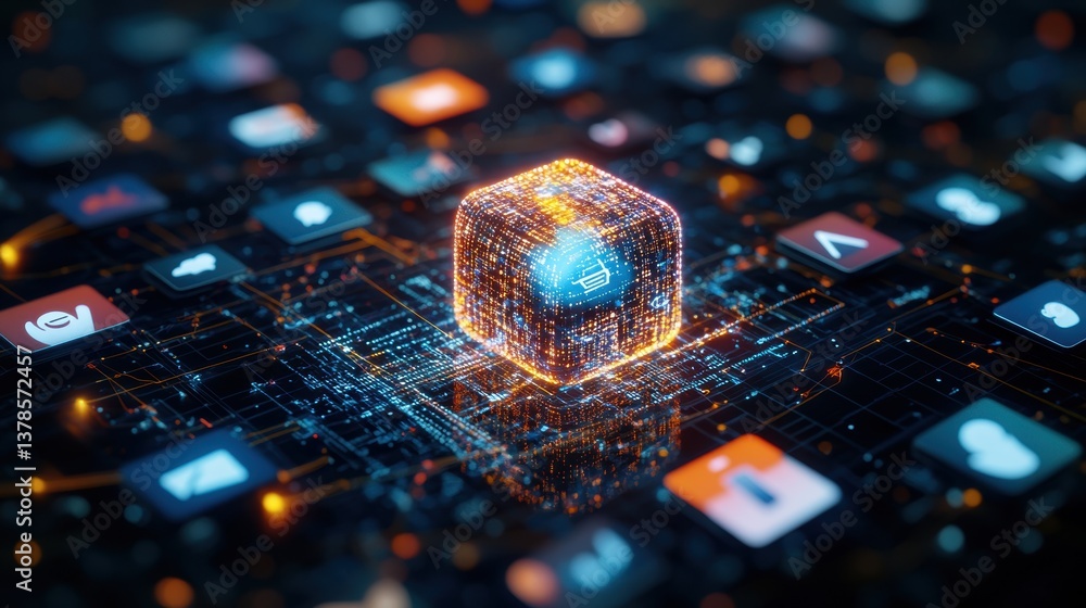Poster glowing wireframe cube data security icon on digital circuit board surrounded by app icons represent