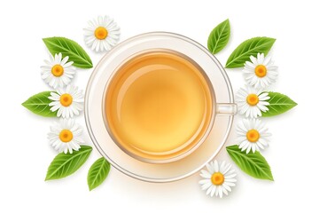 A transparent glass cup filled with warm chamomile tea, surrounded by fresh chamomile flowers and green leaves, placed on a white background