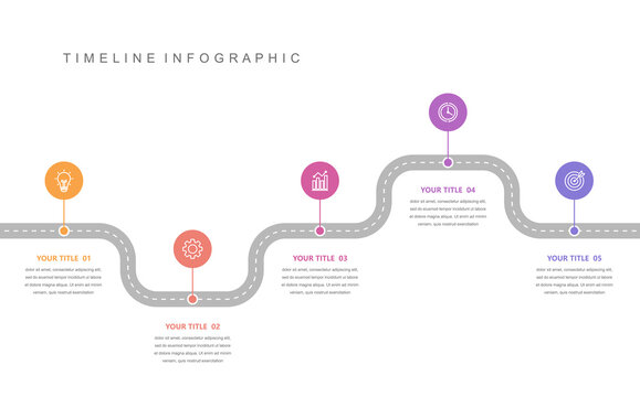 Business road map timeline infographic concept. with icons and 5 options, workflow layout, diagram, report, web design. Creative, vector, illustration.