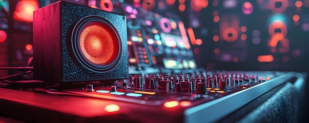 Vibrant neon DJ booth with glowing speakers and mixer console