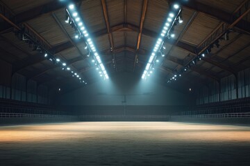 Empty illuminated arena with high ceiling and rows of seats. AI generated illustration.