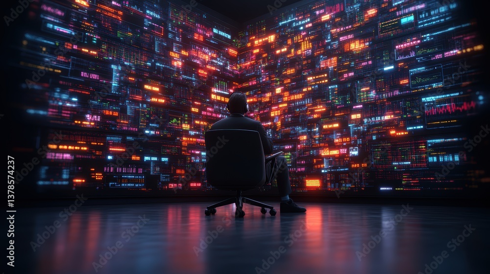 Poster a solitary figure contemplating vast data streams and digital information displayed on a massive scr