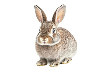Cute fluffy rabbit with brown and white fur sitting on white background, cut out
