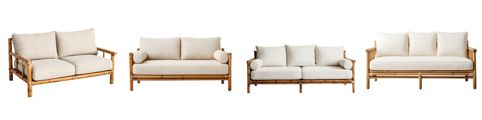 Assortment of wooden framed couches and chairs in a minimalist style.