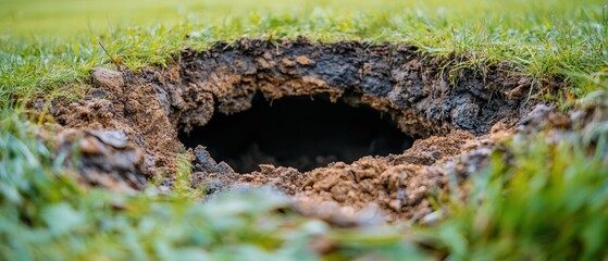 detailed view of sinkhole revealing its depth and surrounding soil, showcasing natural erosion process and impact on landscape. scene evokes curiosity and concern about geological changes