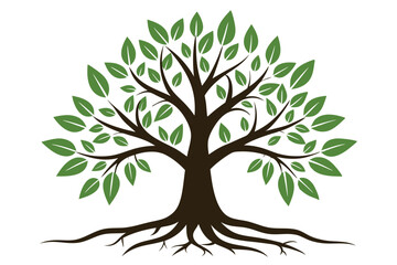 Obraz premium Tree Silhouette with Green Leaves and Roots on White Background