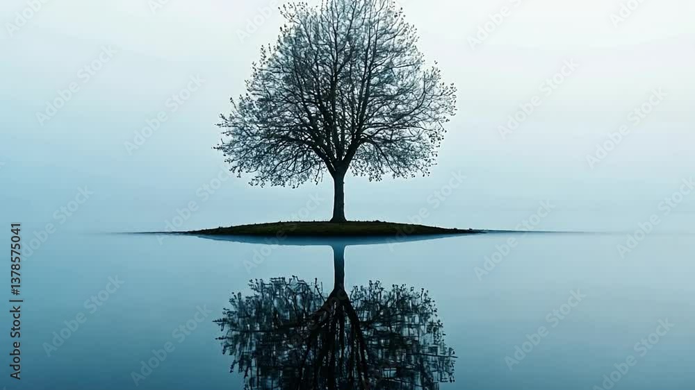 Poster serene isolated tree on calm water surface reflecting tranquil nature at dawn with misty atmosphere 
