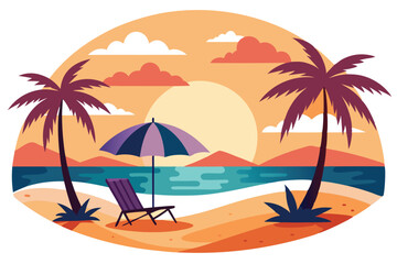 Tropical Beach Paradise Sunset with Palm Trees, Lounge Chair and Umbrella Art