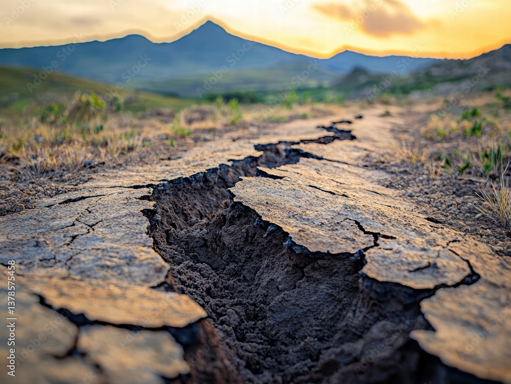 Poster macro shot of fault line in ground, showcasing intricate cracks and textures of earth. background fe