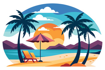 Obraz premium Tropical Beach with Palm Trees, Umbrella, Chairs & Sunset, Stylized