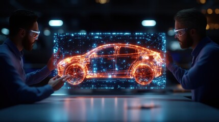 Engineers Collaborating on a Digital Wireframe Car Model Projected on Transparent Screen in Dimly Lit Industrial Environment with Safety Glasses