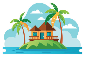 Tropical Island Hut Surrounded by Water, Palm Trees Under Blue Cloudy Sky