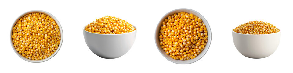 Close up view of various bowls filled with golden unprocessed corn kernels a versatile and nutritious food ingredient