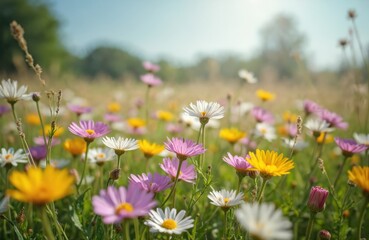 Obraz premium Wildflowers blooming in summer field on sunny day. Daisy, purple, yellow flowers and green grass create nature floral landscape. Bright blue sky and sunlight outdoor photo. Beautiful nature wallpaper.