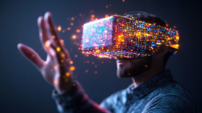 A man experiences immersive virtual reality with a VR headset, vibrant colorful particles emanating from the device and his outstretched hand in 3D space