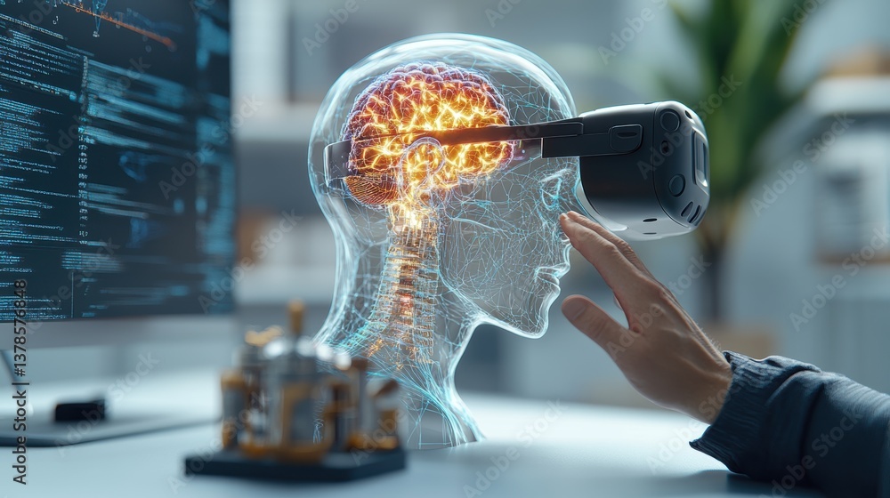 Poster a translucent digital human head in a vr headset with a glowing brain visible, resting on a desk nex
