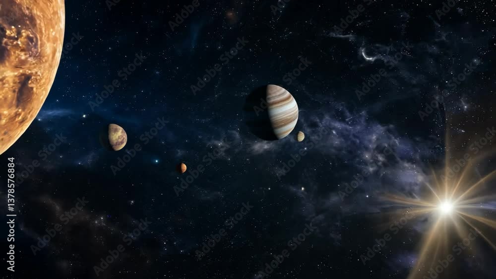 Aufkleber A planet with a star and two other planets in the background. The star is the brightest object in the image
