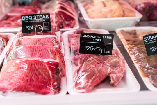 labels on meat in butcher shop