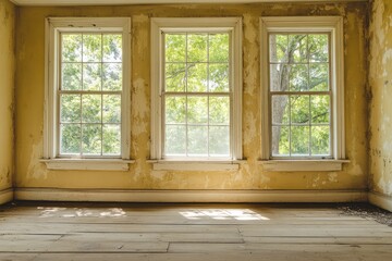 Empty room with three large windows and blank movie poster frames. AI generated illustration.
